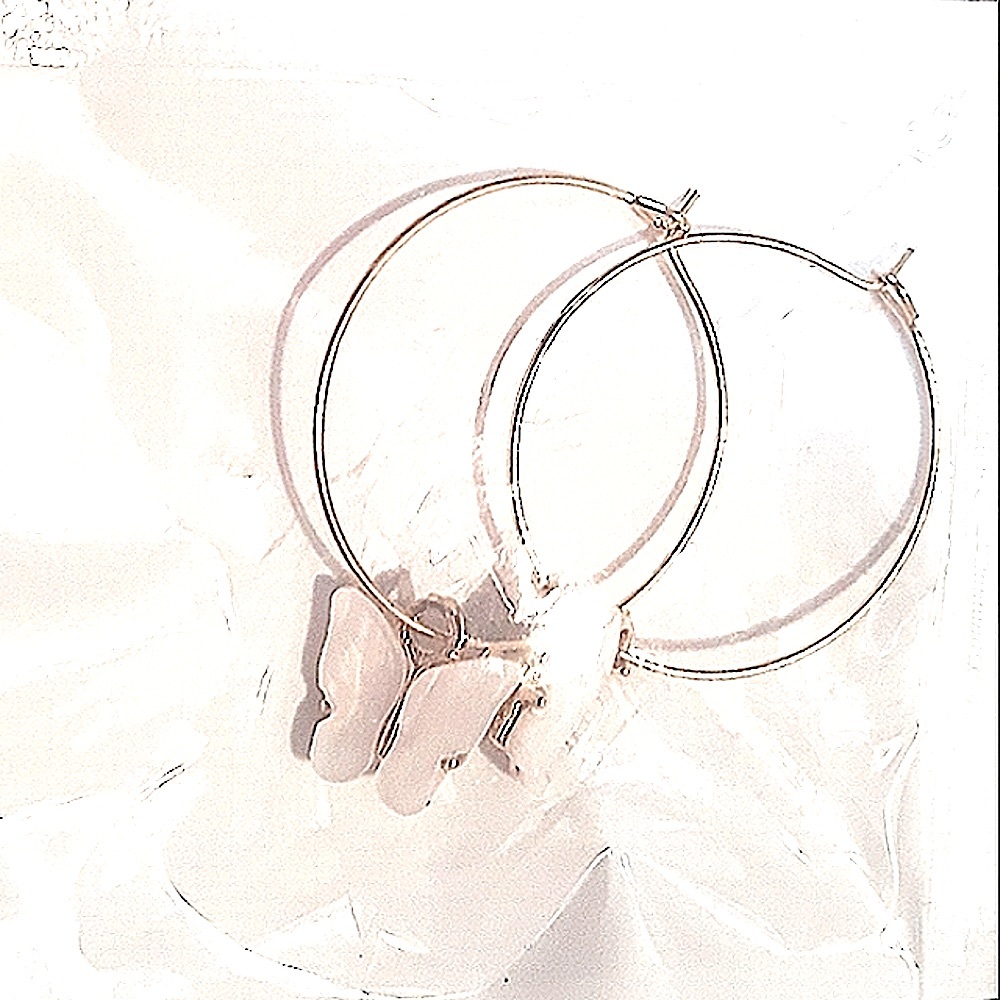 Gold Hoop Earrings White Butterfly Charm Mother of Pearl front Gold back NEW